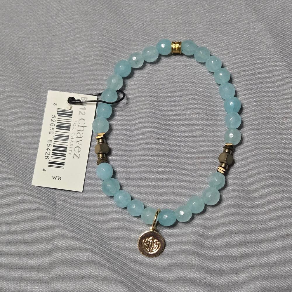 Chavez For Charity Aquamarine Stone Bead Lotus Charm Bracelet